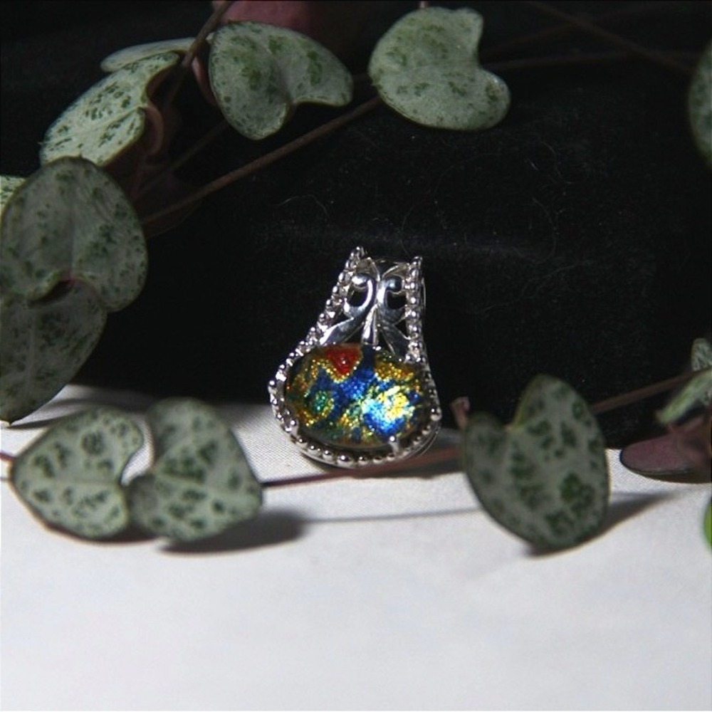 Dichroic Glass Pendant Silver Tone Filigree Beaded Oval Multi Color Shimmer